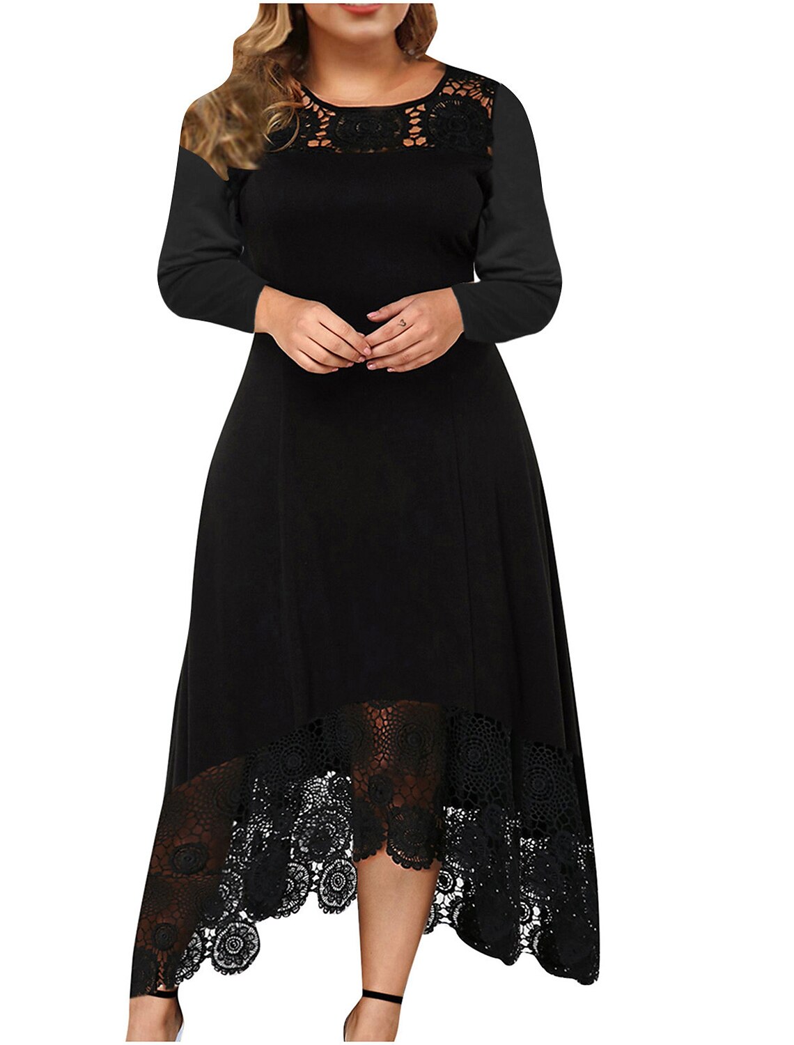 Abiti da cocktail a trapezio, eleganti, da invitare a nozze, alla caviglia, con maniche lunghe, scollo gioiello, in spandex con inserti in pizzo, colore puro